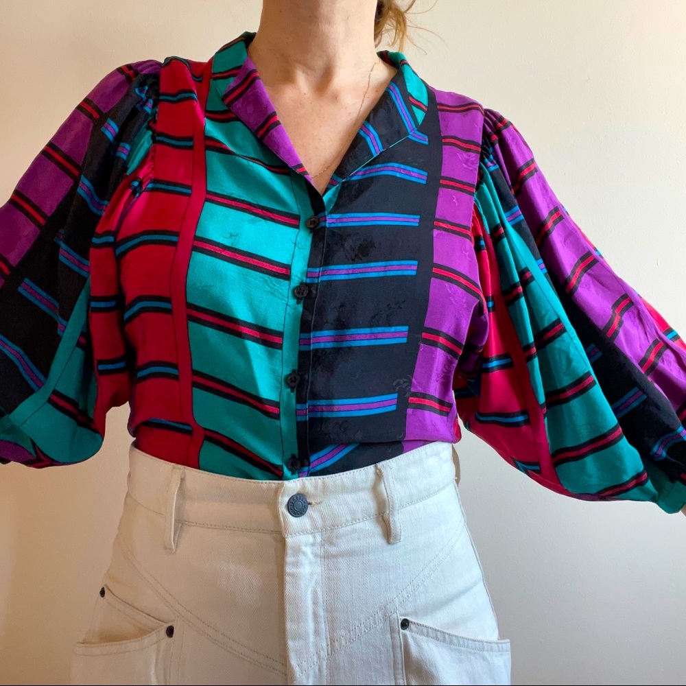 Vintage silk multicolor striped blouse top y2k 80s 90s puff sleeve colorblock